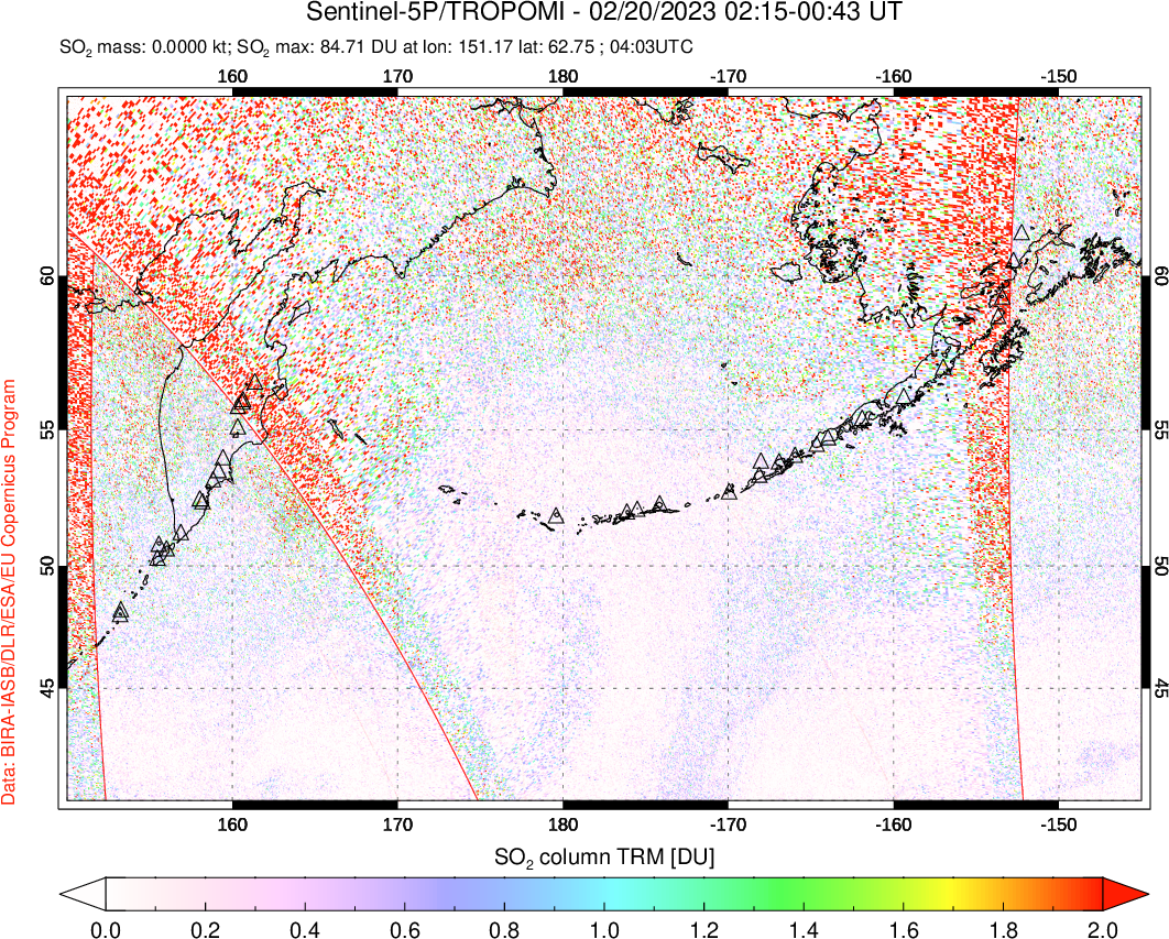 A sulfur dioxide image over North Pacific on Feb 20, 2023.