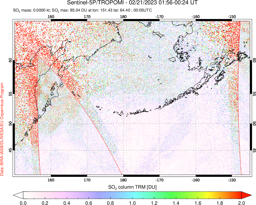 A sulfur dioxide image over North Pacific on Feb 21, 2023.