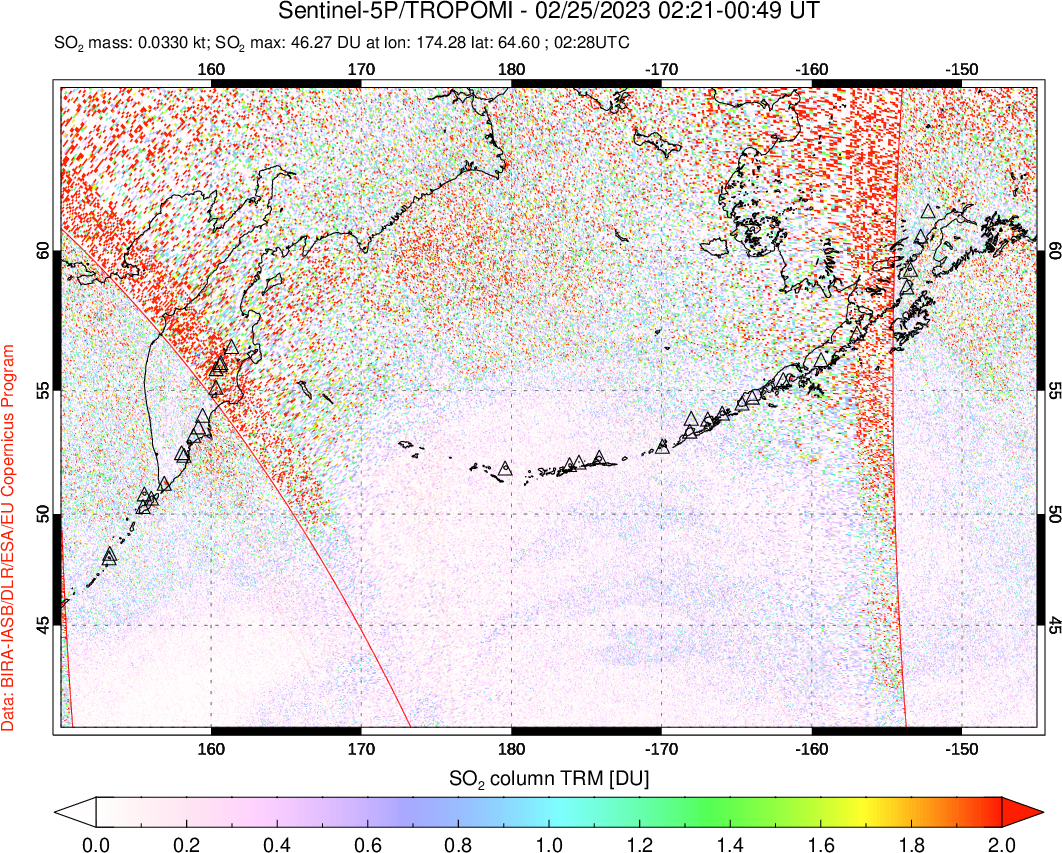 A sulfur dioxide image over North Pacific on Feb 25, 2023.
