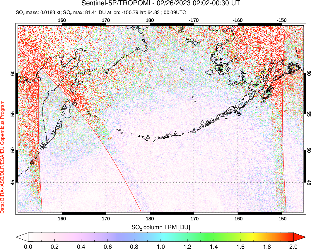 A sulfur dioxide image over North Pacific on Feb 26, 2023.