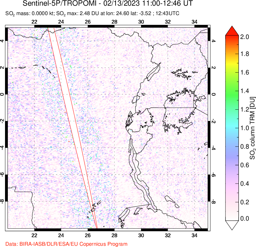 A sulfur dioxide image over Nyiragongo, DR Congo on Feb 13, 2023.