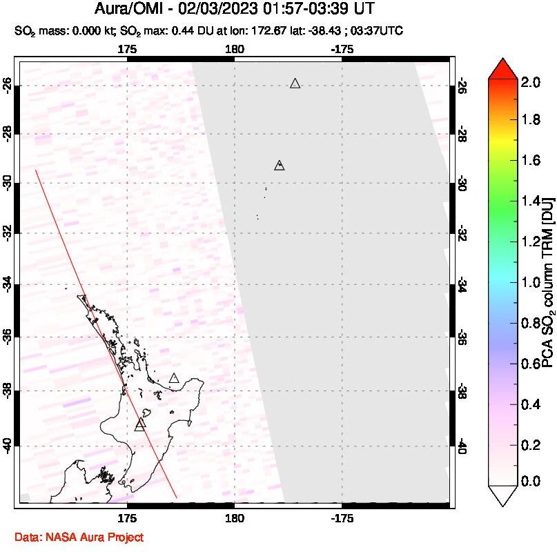 A sulfur dioxide image over New Zealand on Feb 03, 2023.
