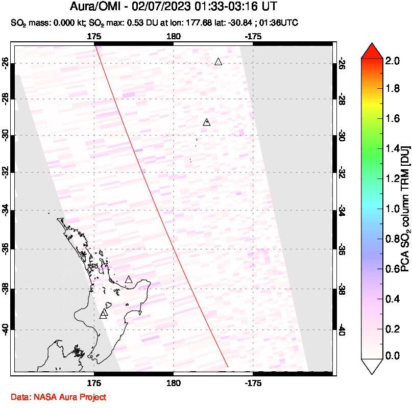 A sulfur dioxide image over New Zealand on Feb 07, 2023.
