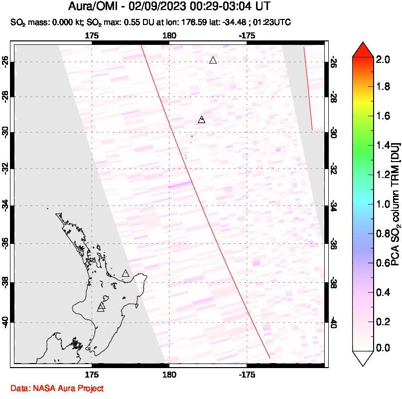 A sulfur dioxide image over New Zealand on Feb 09, 2023.