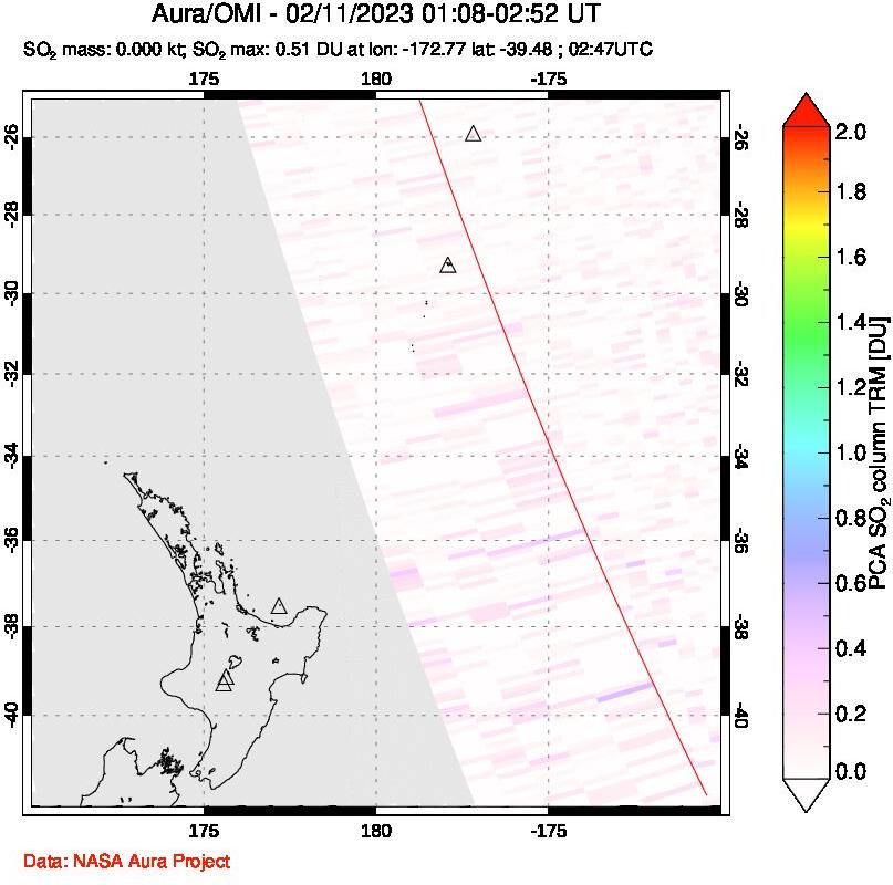 A sulfur dioxide image over New Zealand on Feb 11, 2023.