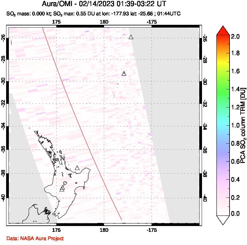 A sulfur dioxide image over New Zealand on Feb 14, 2023.