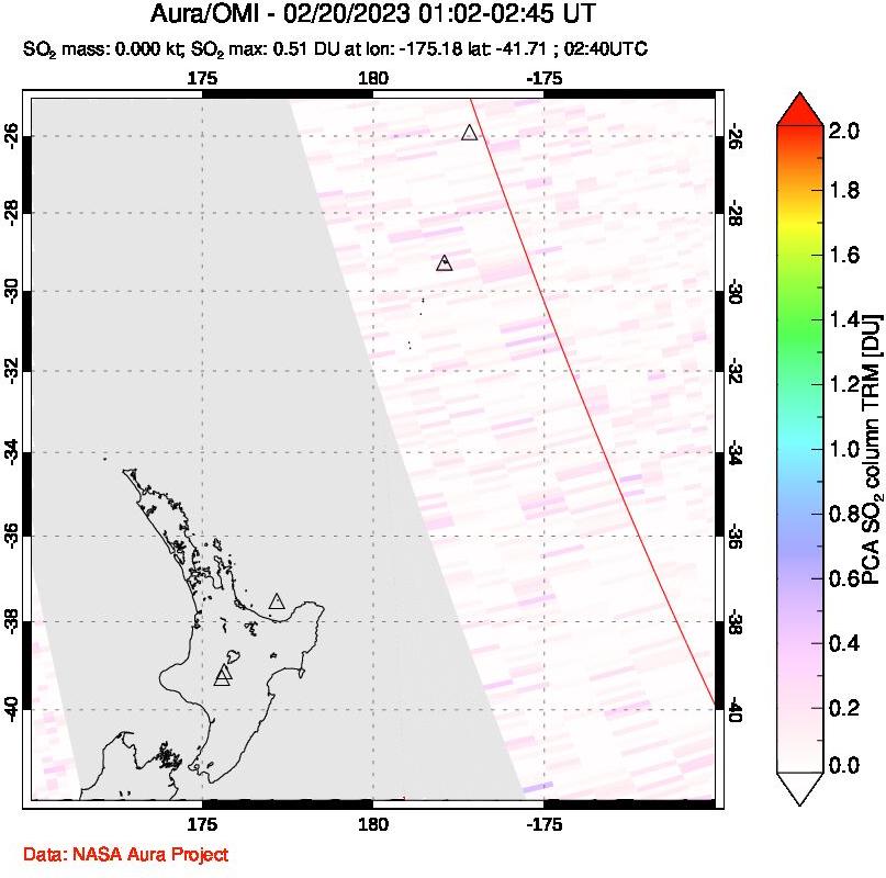 A sulfur dioxide image over New Zealand on Feb 20, 2023.