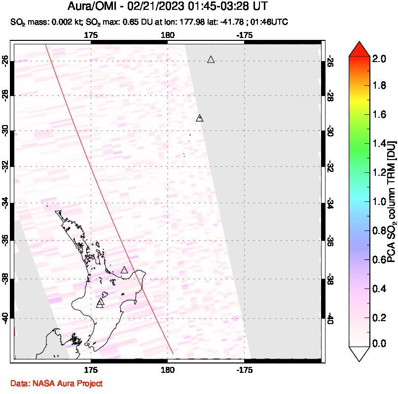 A sulfur dioxide image over New Zealand on Feb 21, 2023.