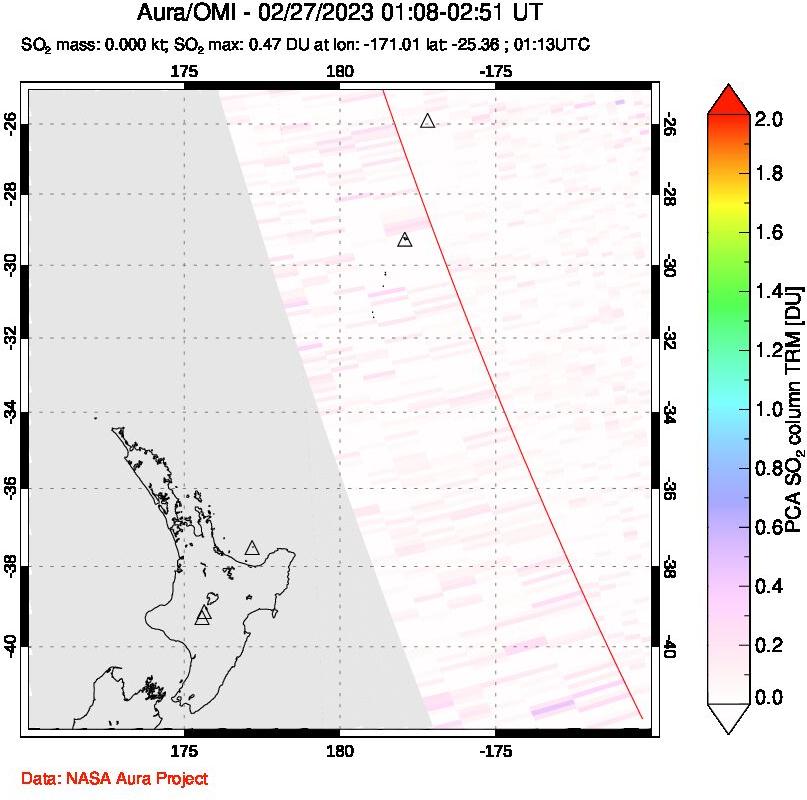 A sulfur dioxide image over New Zealand on Feb 27, 2023.