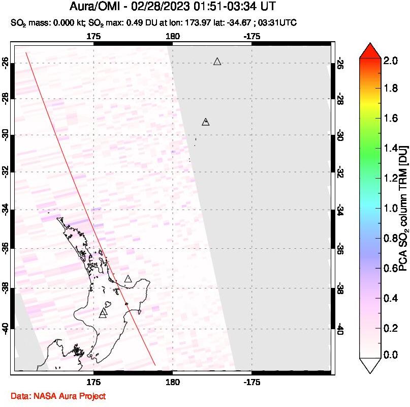 A sulfur dioxide image over New Zealand on Feb 28, 2023.