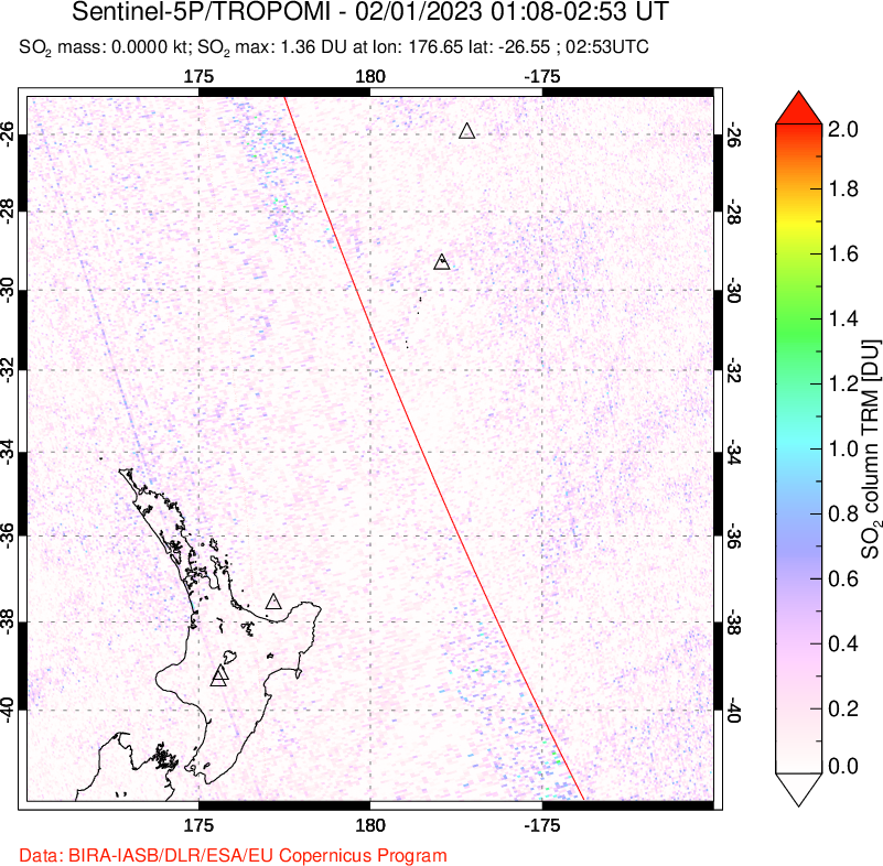 A sulfur dioxide image over New Zealand on Feb 01, 2023.