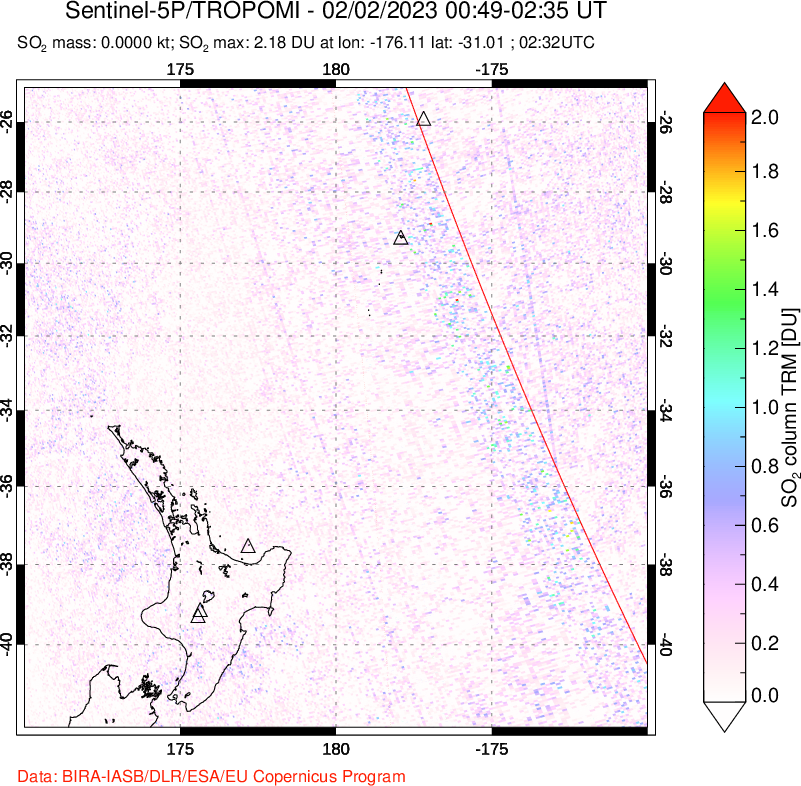 A sulfur dioxide image over New Zealand on Feb 02, 2023.