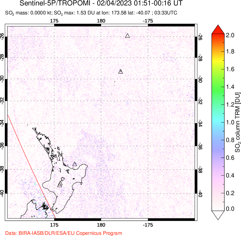 A sulfur dioxide image over New Zealand on Feb 04, 2023.