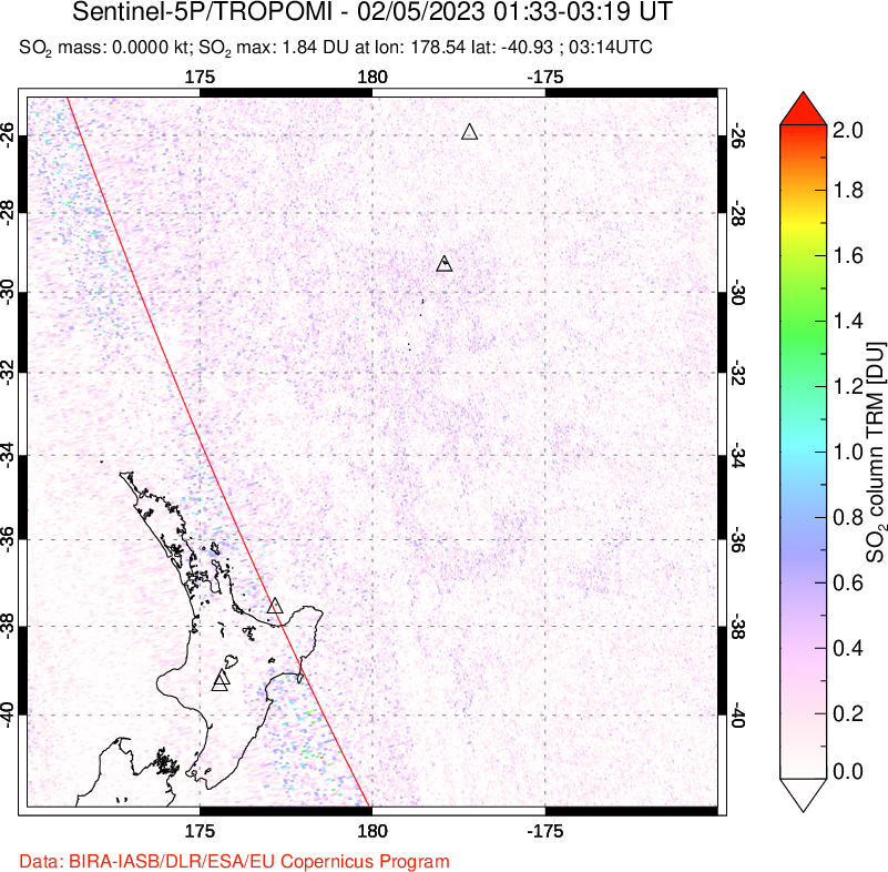 A sulfur dioxide image over New Zealand on Feb 05, 2023.