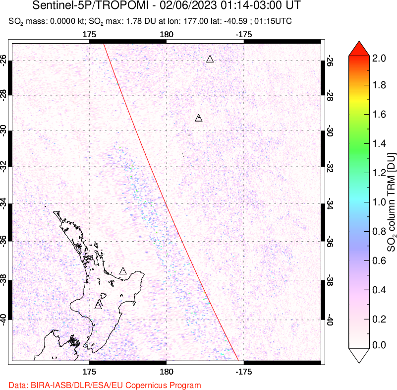 A sulfur dioxide image over New Zealand on Feb 06, 2023.