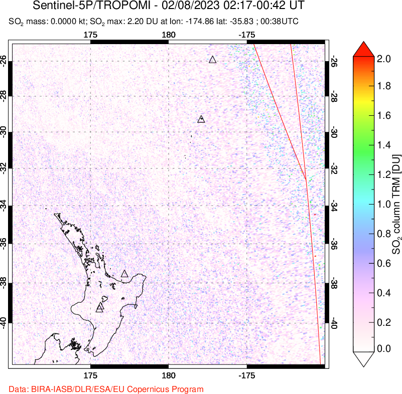 A sulfur dioxide image over New Zealand on Feb 08, 2023.