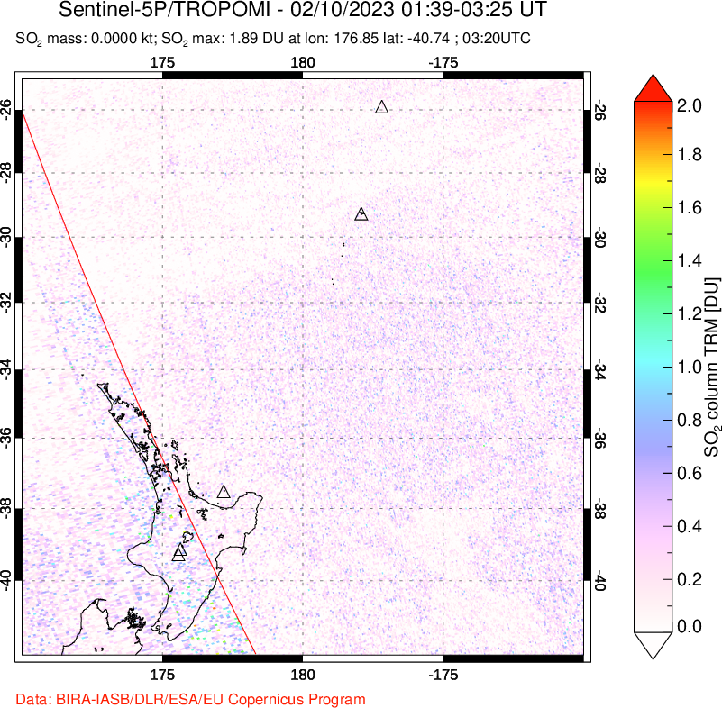 A sulfur dioxide image over New Zealand on Feb 10, 2023.