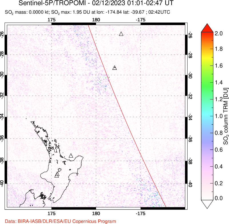 A sulfur dioxide image over New Zealand on Feb 12, 2023.