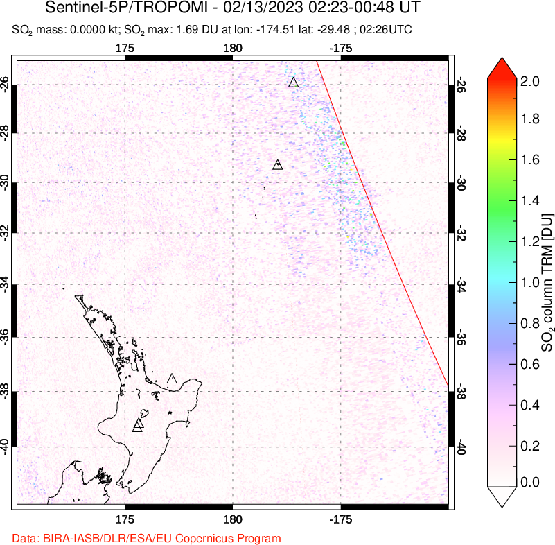 A sulfur dioxide image over New Zealand on Feb 13, 2023.