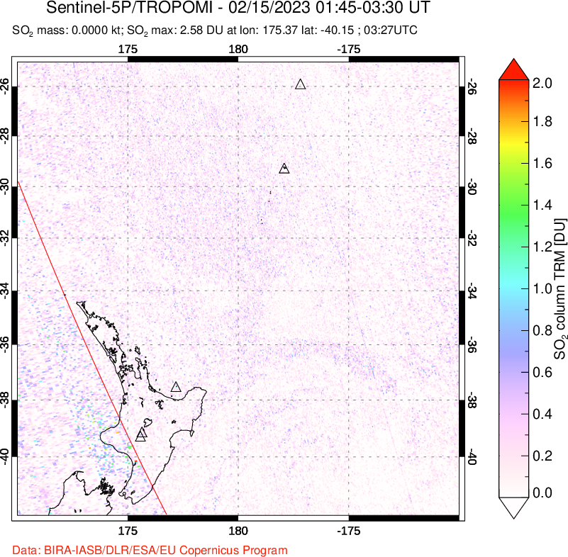 A sulfur dioxide image over New Zealand on Feb 15, 2023.