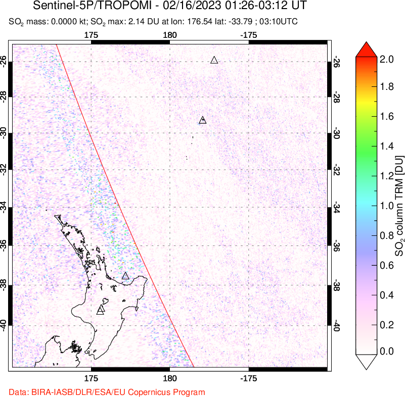A sulfur dioxide image over New Zealand on Feb 16, 2023.