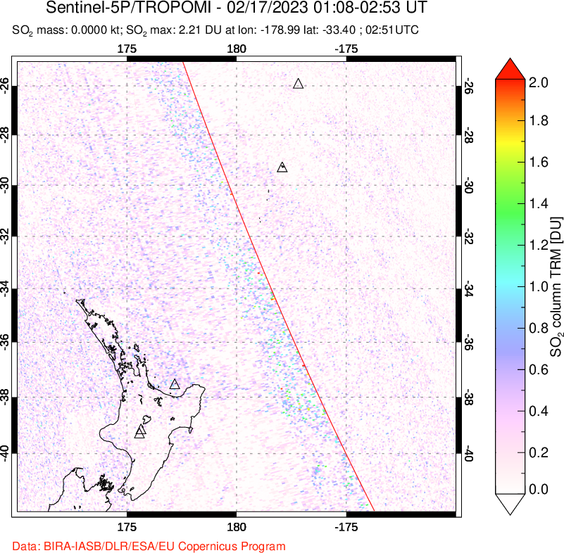 A sulfur dioxide image over New Zealand on Feb 17, 2023.