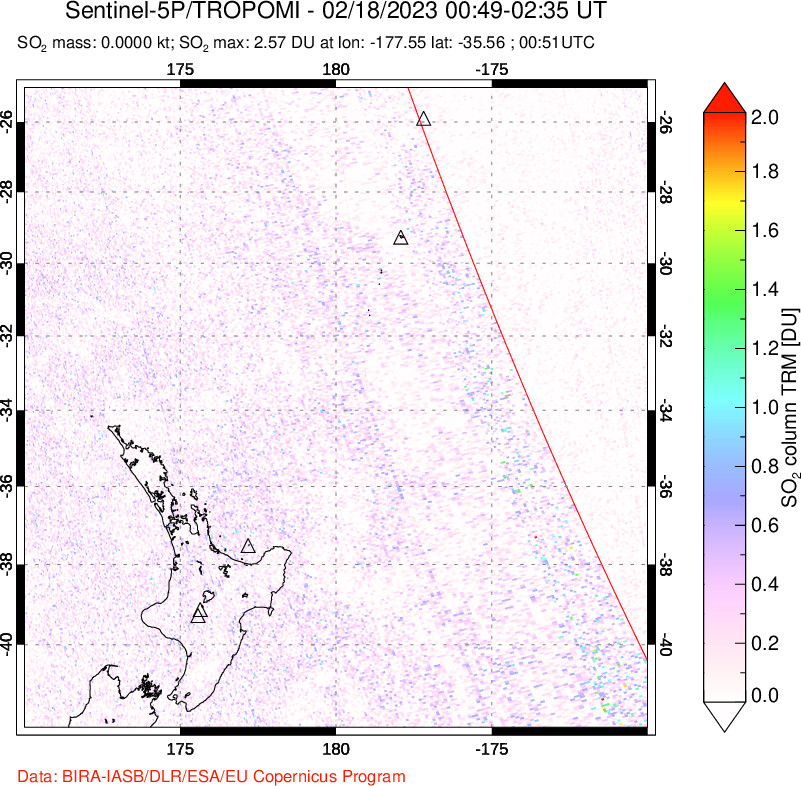 A sulfur dioxide image over New Zealand on Feb 18, 2023.