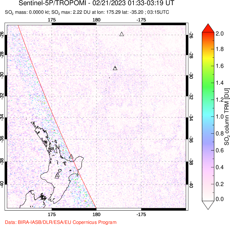 A sulfur dioxide image over New Zealand on Feb 21, 2023.