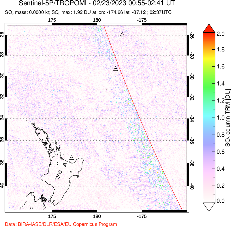 A sulfur dioxide image over New Zealand on Feb 23, 2023.