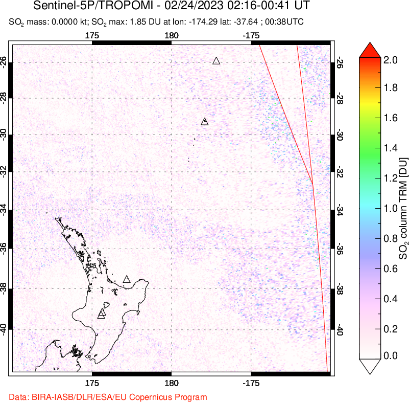 A sulfur dioxide image over New Zealand on Feb 24, 2023.