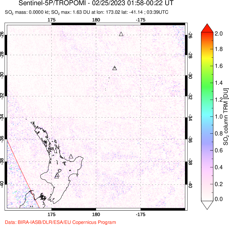 A sulfur dioxide image over New Zealand on Feb 25, 2023.