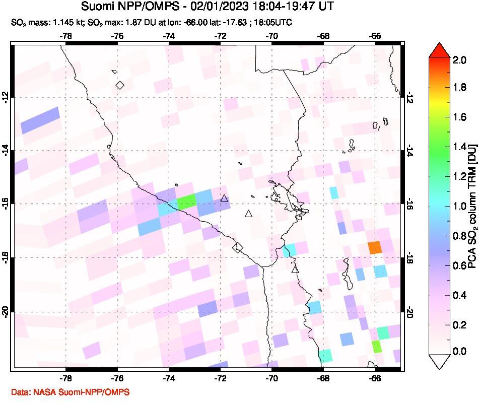 A sulfur dioxide image over Peru on Feb 01, 2023.