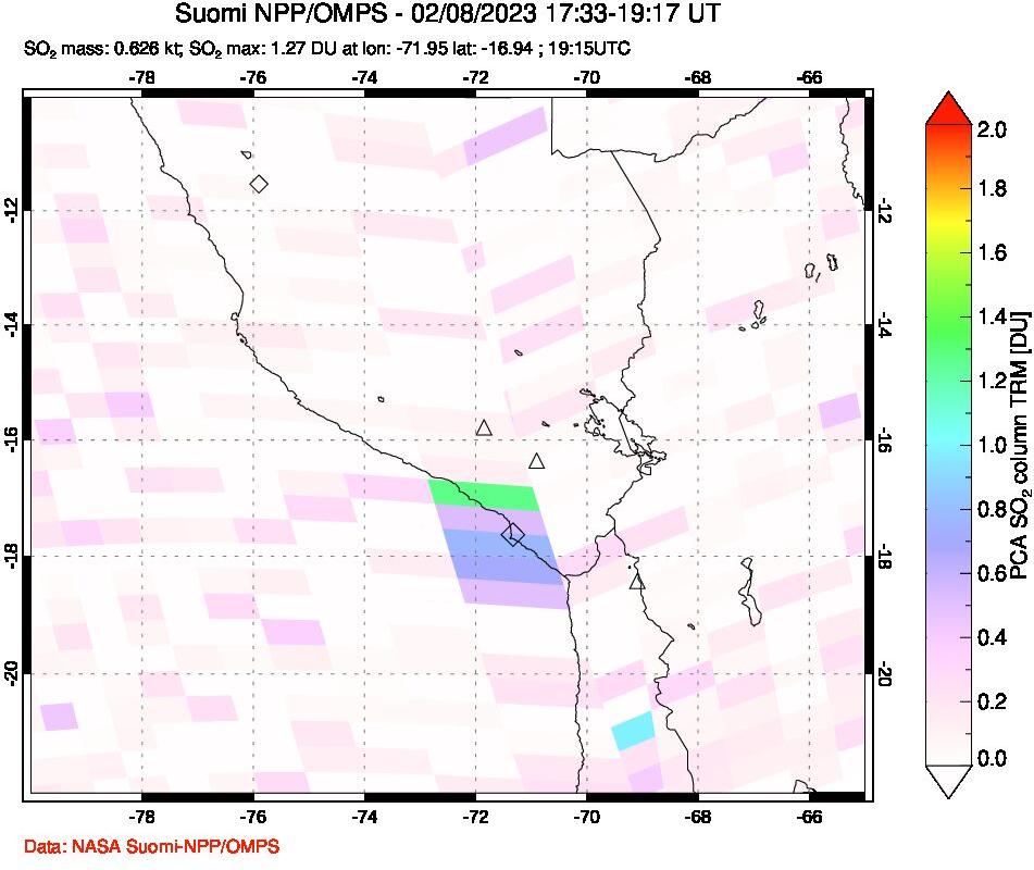 A sulfur dioxide image over Peru on Feb 08, 2023.