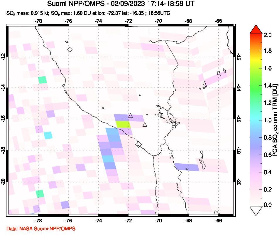 A sulfur dioxide image over Peru on Feb 09, 2023.