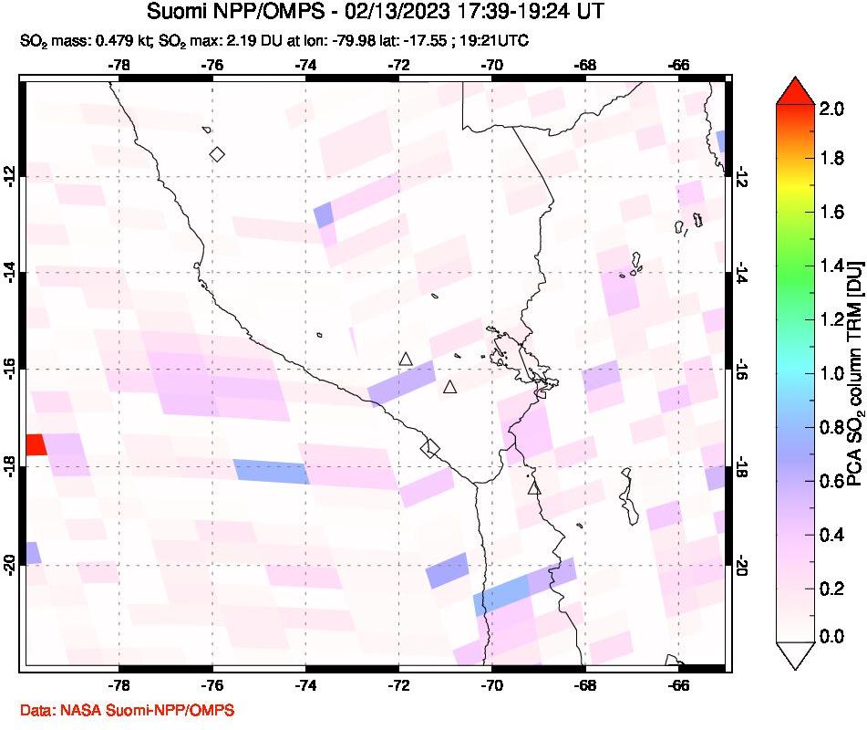 A sulfur dioxide image over Peru on Feb 13, 2023.