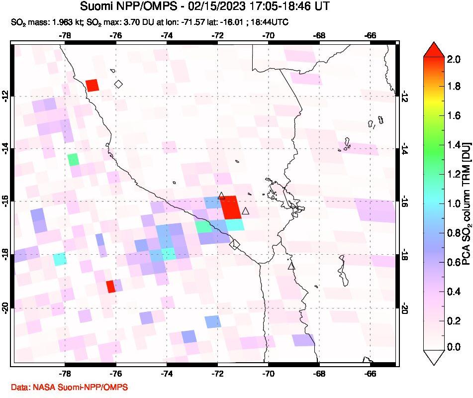A sulfur dioxide image over Peru on Feb 15, 2023.