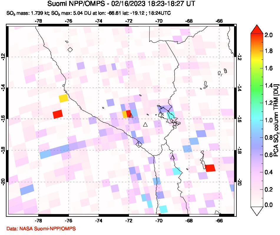 A sulfur dioxide image over Peru on Feb 16, 2023.