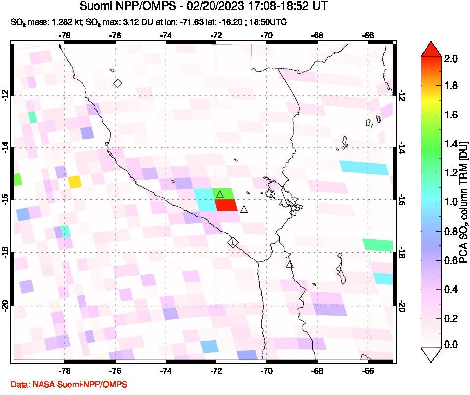 A sulfur dioxide image over Peru on Feb 20, 2023.