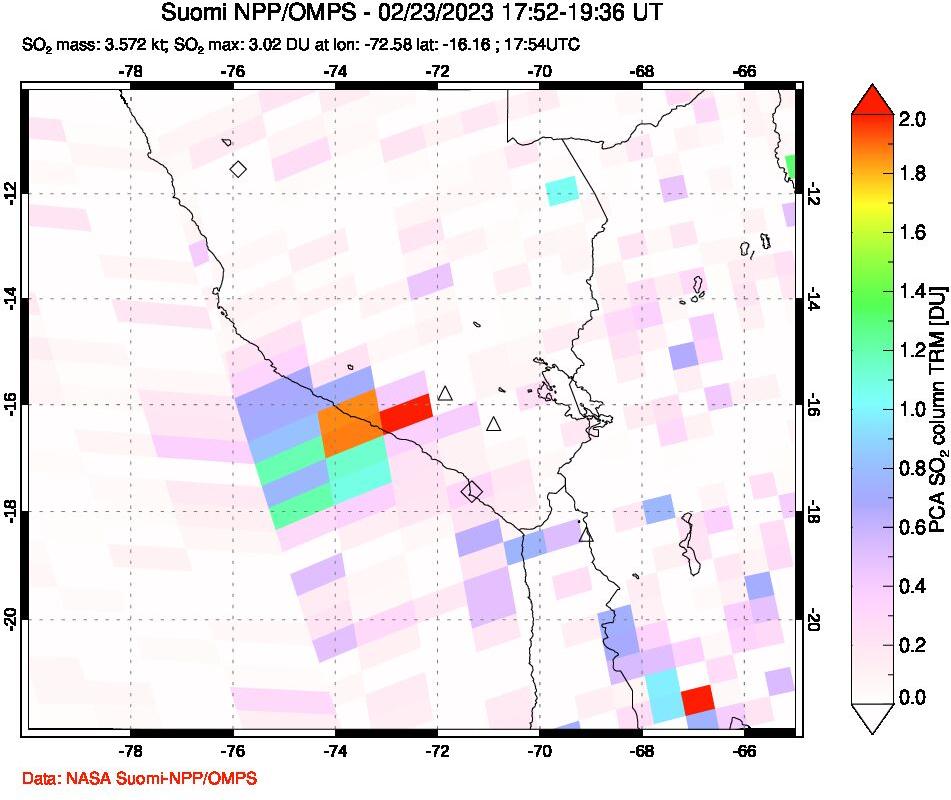 A sulfur dioxide image over Peru on Feb 23, 2023.