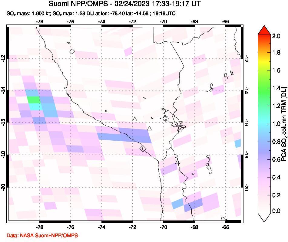 A sulfur dioxide image over Peru on Feb 24, 2023.