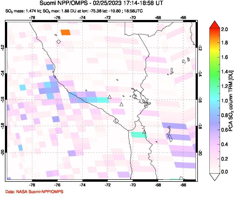 A sulfur dioxide image over Peru on Feb 25, 2023.