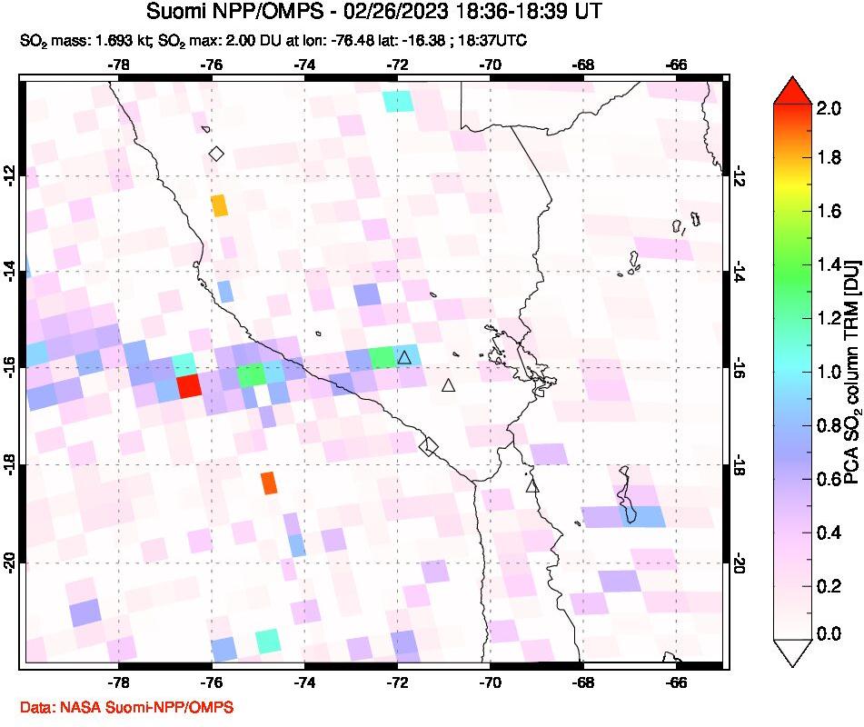 A sulfur dioxide image over Peru on Feb 26, 2023.