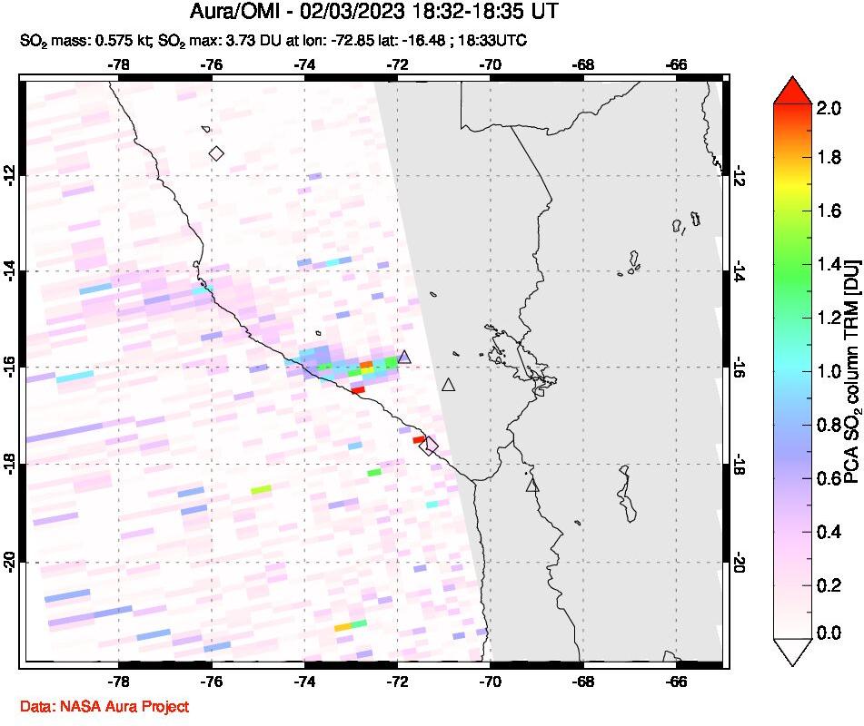 A sulfur dioxide image over Peru on Feb 03, 2023.