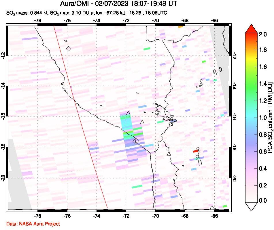 A sulfur dioxide image over Peru on Feb 07, 2023.