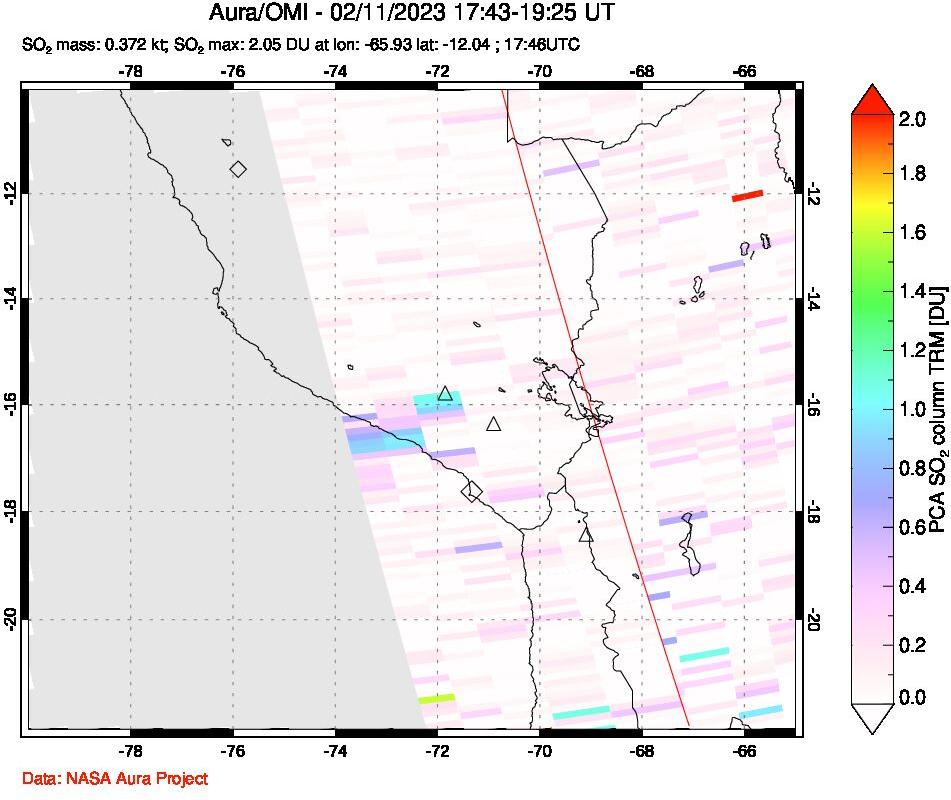 A sulfur dioxide image over Peru on Feb 11, 2023.