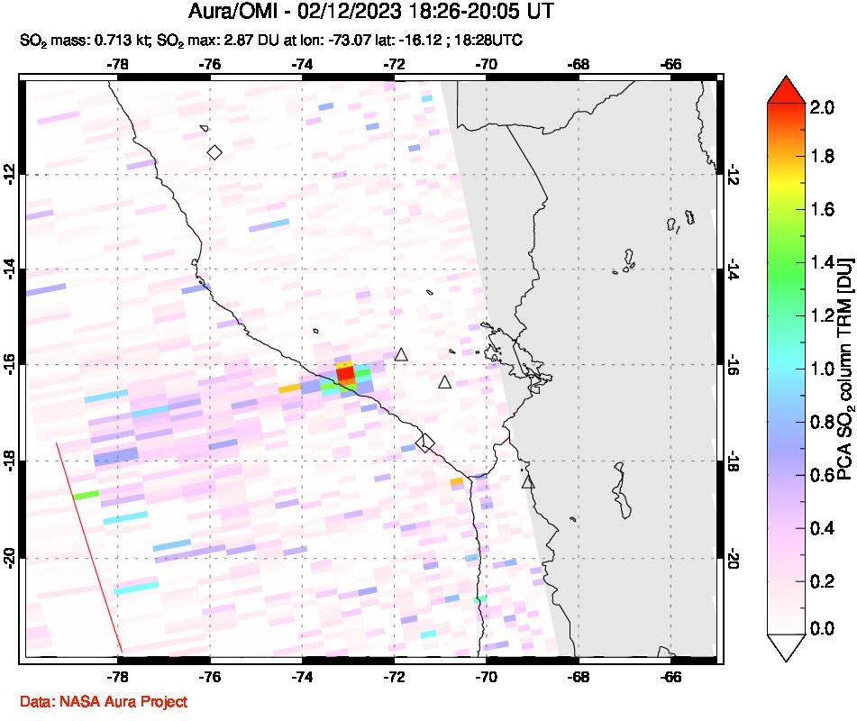 A sulfur dioxide image over Peru on Feb 12, 2023.