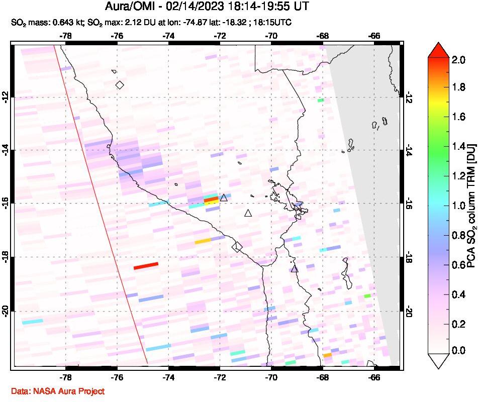A sulfur dioxide image over Peru on Feb 14, 2023.
