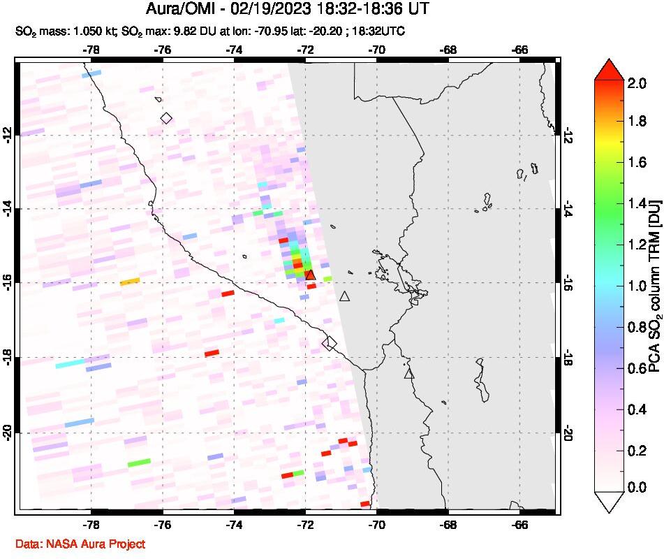 A sulfur dioxide image over Peru on Feb 19, 2023.