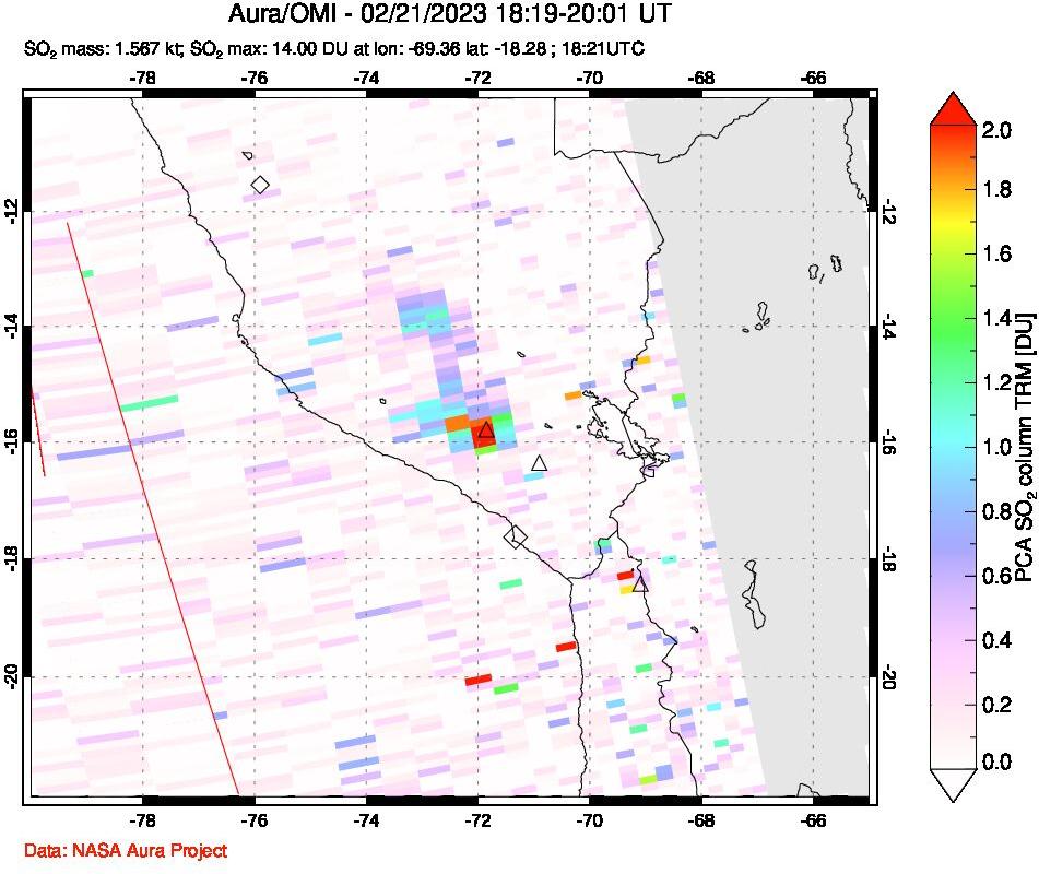 A sulfur dioxide image over Peru on Feb 21, 2023.