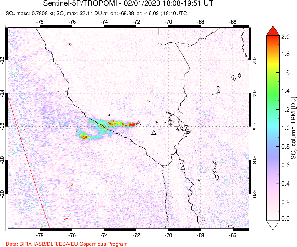 A sulfur dioxide image over Peru on Feb 01, 2023.